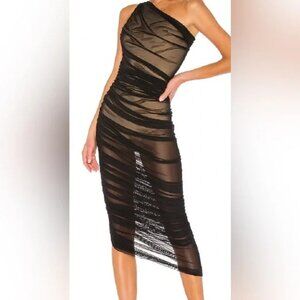 Norma Kamali Diana Ruched One-Shoulder Midi-Dress Black Mesh Sheer Small NWT
